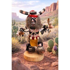 Signed Hopi Koshare Clown Kachina Doll James Hand Carved Wood Fur Feathers 11"